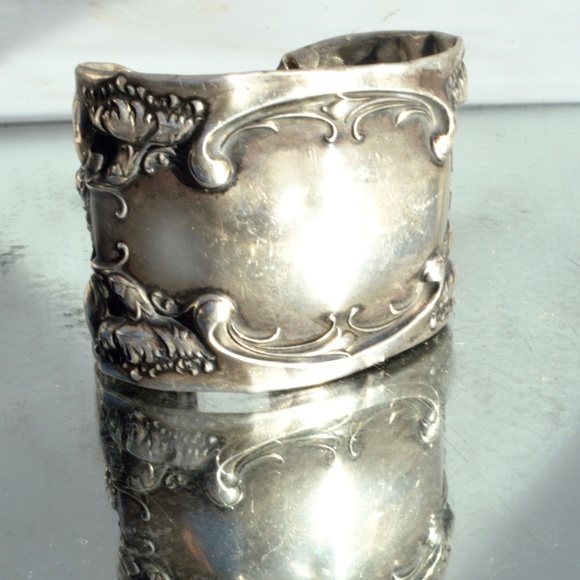 Antique Art Nouveau Floral Sterling Cuff Bracelet Victorian Repoussé Baroque - Picture 5 of 8